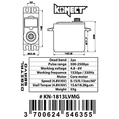 Konect 1813LVMG (0.13s/18.2kg/6.0V) Coreless Servo