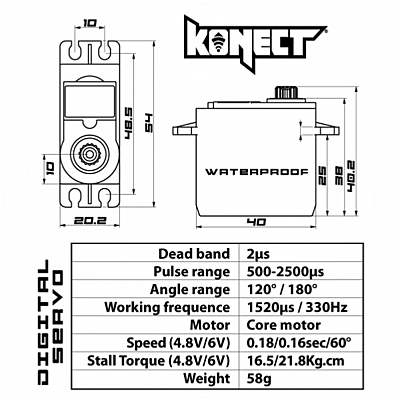 Konect Waterproof Metal Gear (0.16s/21.8kg/6.0V) Servo