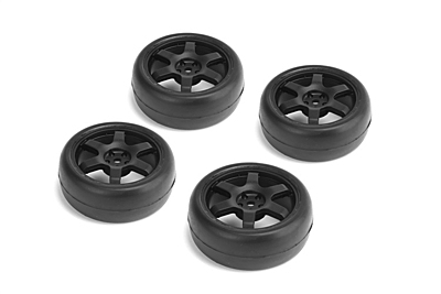  Carten 1/10 Slick Tires with 6 spoke Wheel ET-0mm (Black, 4pcs)