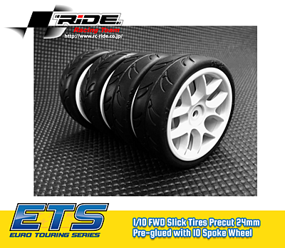 Ride 1/10 Slick Tires Precut 24mm Pre-glued with 10 Spoke Wheel White (4pcs)